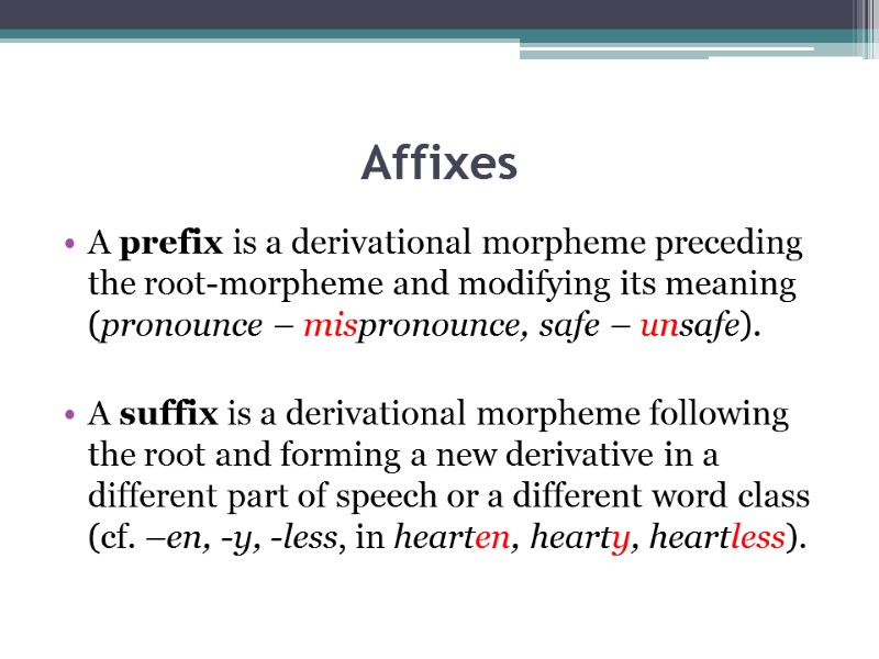 Affixes A prefix is a derivational morpheme preceding the root-morpheme and modifying its meaning